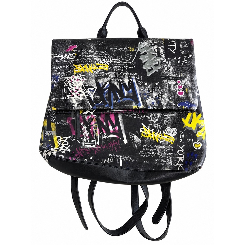 DKNY Graffiti Backpack Black Multicolor Street Art Y2K Urban Travel Bag